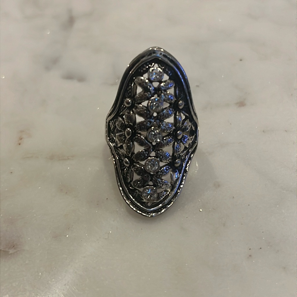 Silver Tone With Patina Large Oval Statement Ring With Crystals Size 8